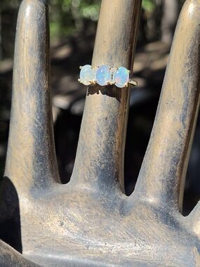 Opal Trio Solitaire Sterling & Gold Ring Sz6.75